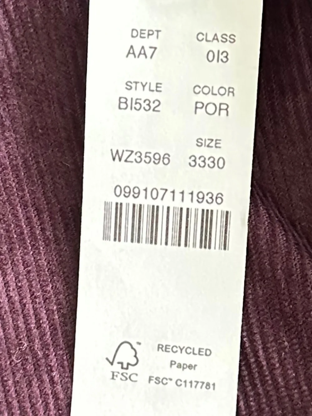 J. Crew Men's Classic Straight Leg Stretch Corduroy Pants Plum 33/30 Casual NWT